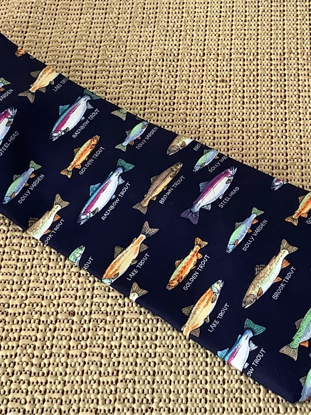 Vintage Tie Alynn Neckwear Fish The Trout Family Silk Necktie USA Navy
